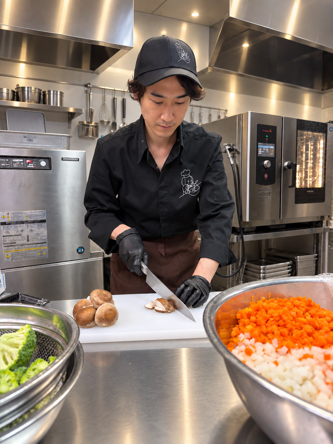 専用キッチンで野菜を切るブルズごはん代表・松崎洋平